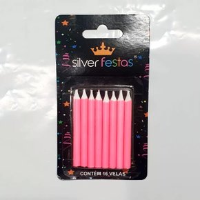 Vela Palito Rosa 16 Unidades Silver Festas